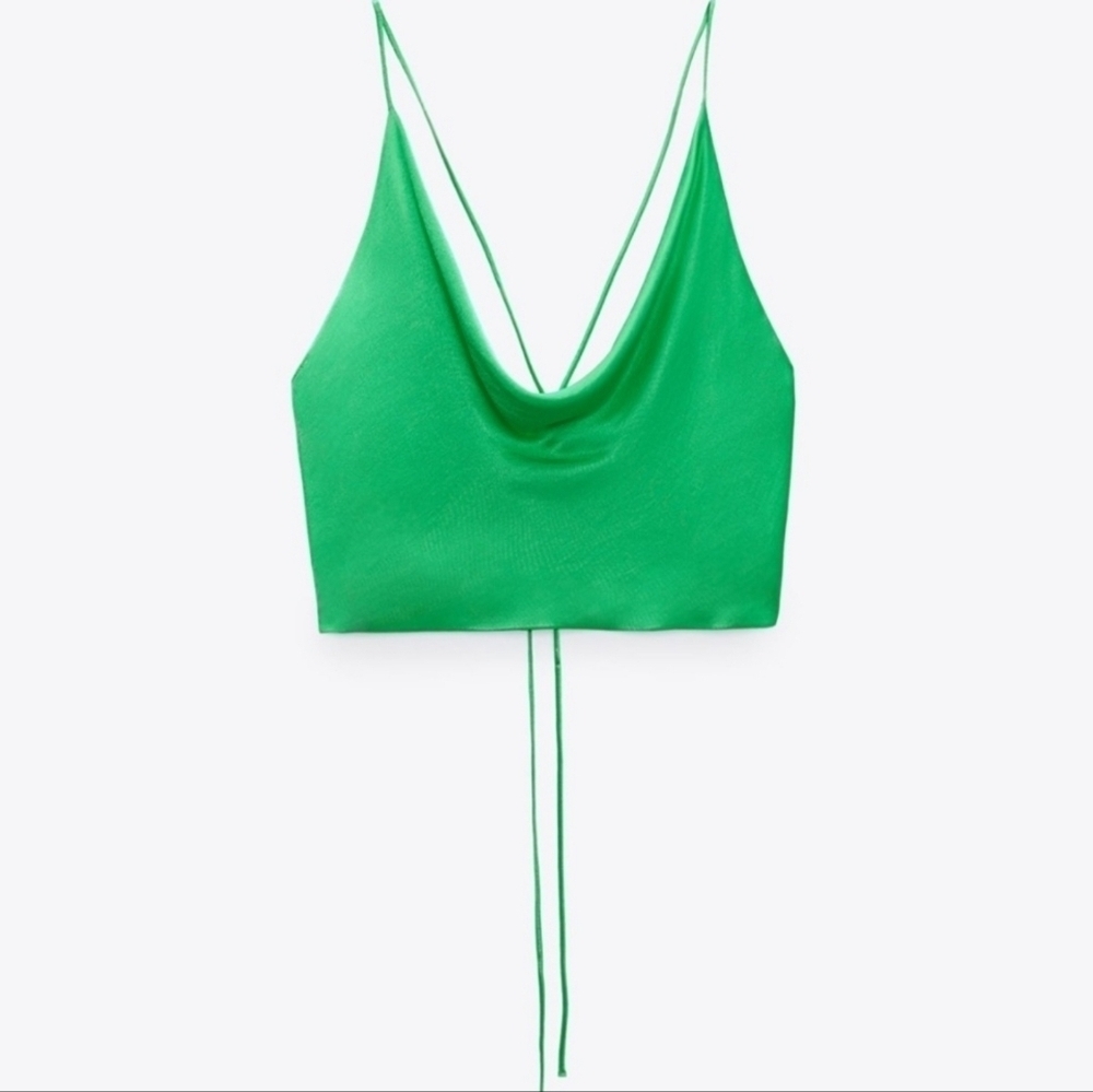 Zara Women's Satin Effect Cropped Green Halter Top, MEDIUM - Picture 5 of 14